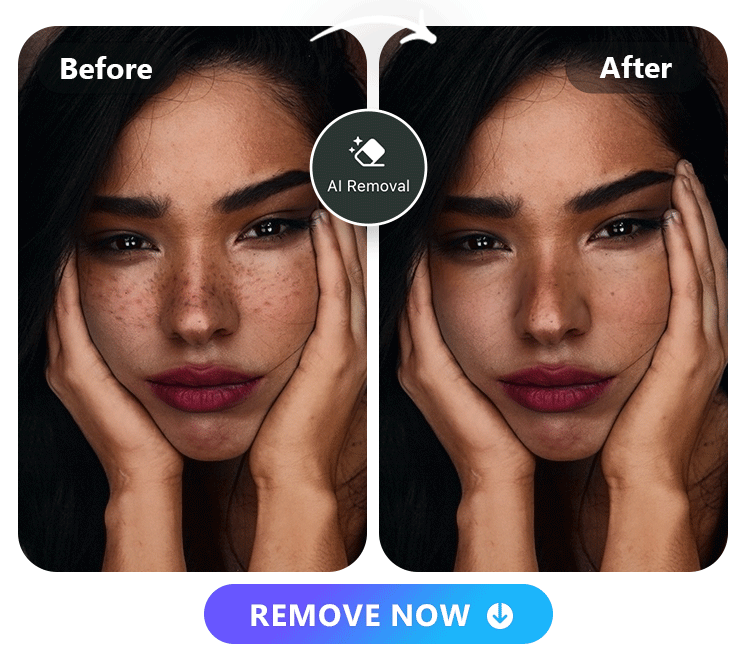 a woman with blemishes on her face photo and the blemishes removed photo side by side